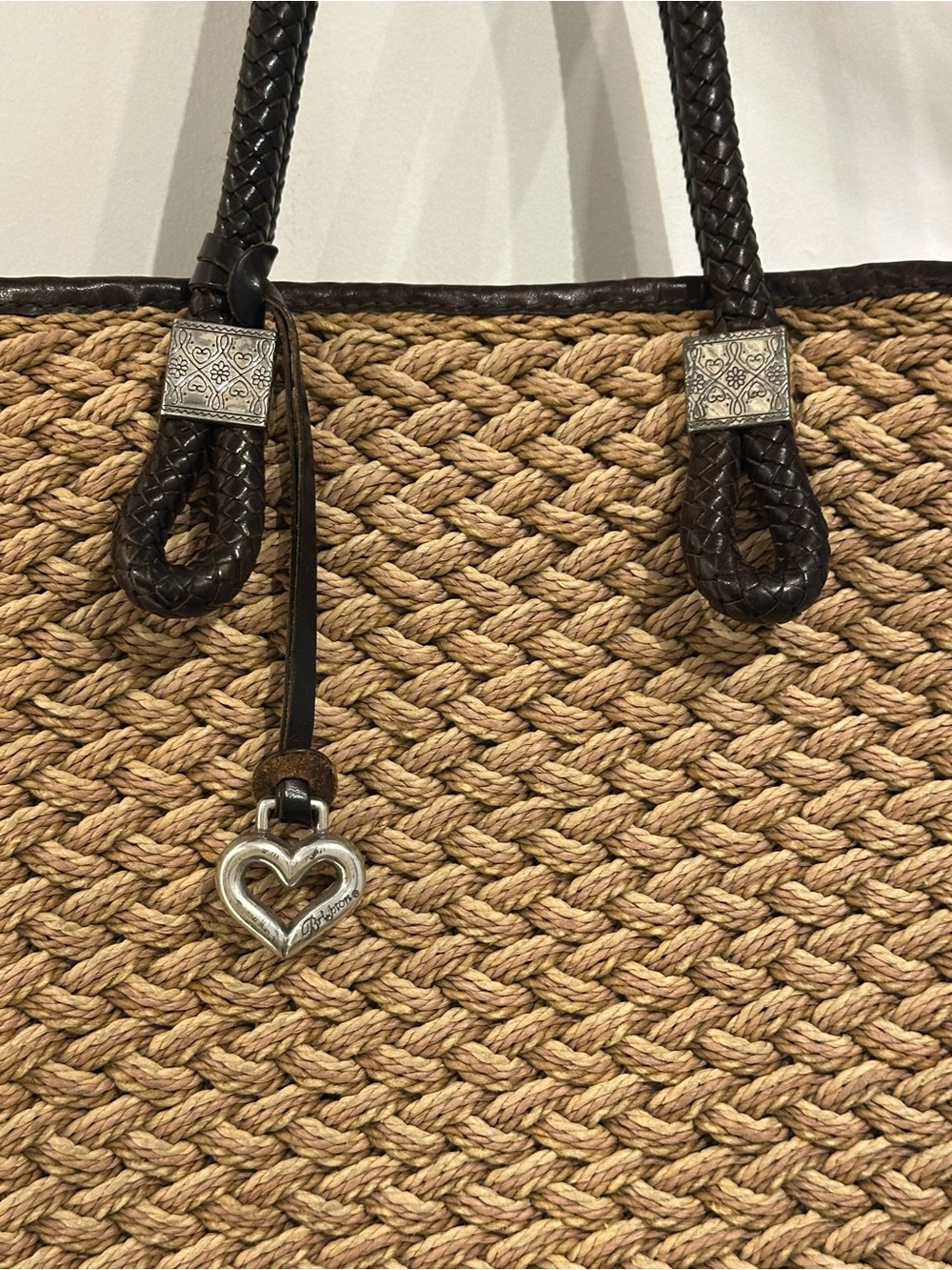 Brighton Braided Straw Tote with Dark Brown Handles and Heart Charm - Picture 6 of 10